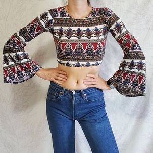F21 Flare Sleeve Pattern Back Detail Crop Top